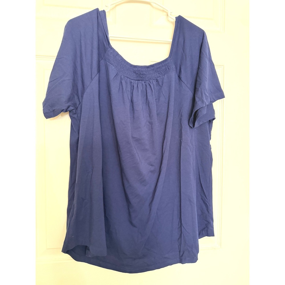 Lands End Womens Plus Top Navy Blue Smocked Square Neck Tencel Modal 2X - Picture 2 of 7